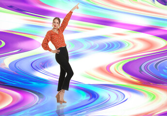 Retro party poster. Beautiful woman dancing against bright background, creative collage