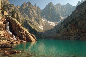 Mountain lake with waterfall