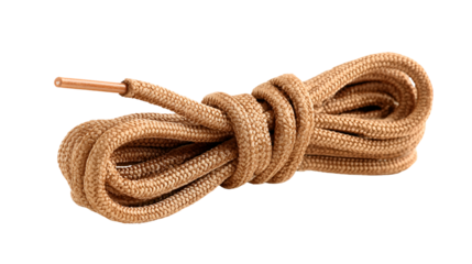 Tan shoelaces loosely knotted on black background