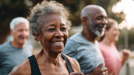 Obraz premium fit senior people running at city park group of elderly friends doing sport workout together outdoor main focus on african woman face no logos no brands ar 169