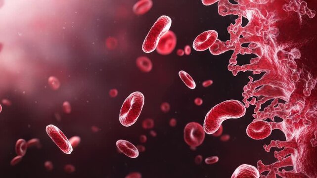 A microscopic view of red blood cells flowing through a vein