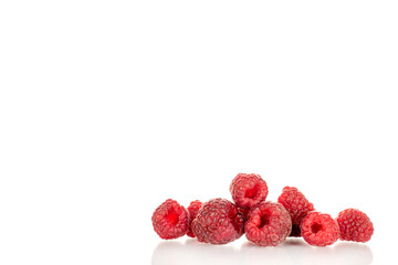 Sweet ripe raspberries isolated on white background, macro.