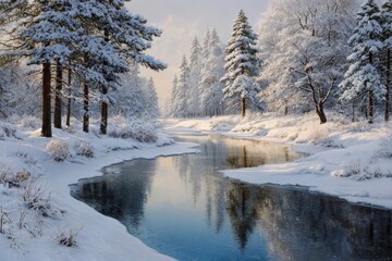 Obraz premium Serene winter landscape featuring a winding river reflecting the soft morning light through snow covered trees