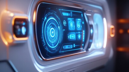 Futuristic control panel with glowing blue interface and digital displays. Sleek design with illuminated edges. High-tech environment.