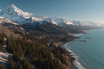 Snowy Alaskan mountains meet the ocean, a coastal village nestled at the base