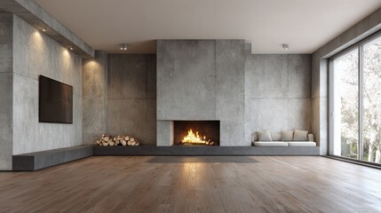 spacious villa interior with cement wall effect fireplace and tv no logos no brands ar 169