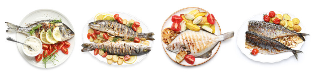 Fried fish. Dishes isolated on white, set. Top view