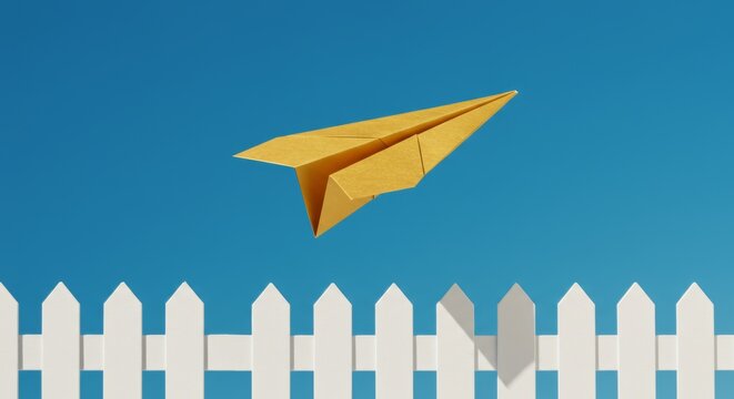 Paper Airplane Leaping Over Fence Representing Freedom and Boundary Breaking