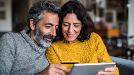 happy multiethnic mature couple using digital tablet for online payment with credit card latin wife showing something to buy on digital tablet to her indian husband middle eastern couple relaxing no 