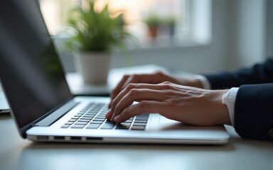 Closeup of Hands typing on laptop computer keyboard. Businessman working at desk in office. Using technologies in business. High quality