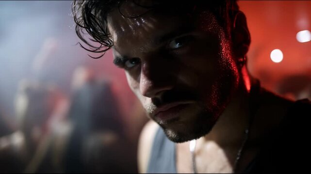 A young man with wet hair and skin glistening with sweat looks straight into the camera in a crowded club and mimes dodging a punch