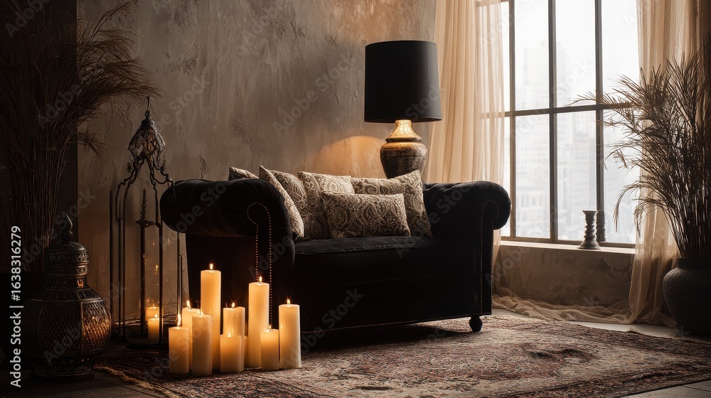 Poster black lamp standing by a sofa and a row of candles lying on the floor in front of a window shedding 