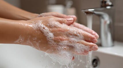 Fototapeta premium young woman washing cleansing soapy hands in bathroom to prevent coronavirus infection cleaning skin care in foamrubbing hands rinsing with running water covid 19 protection concept close up view no 