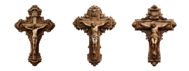 Intricate Wooden Crosses Set Isolated on Transparent Background