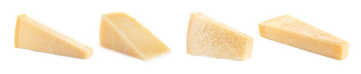 Parmesan cheese pieces isolated on white, set