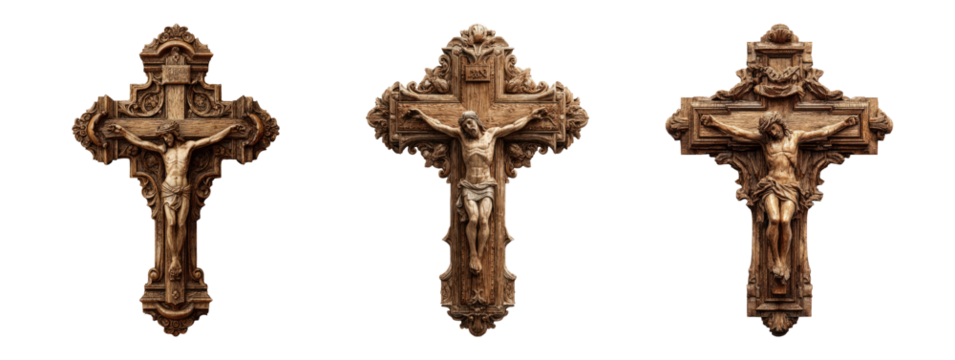 Intricate Wooden Crosses Set Isolated on Transparent Background