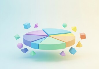 Fototapeta premium Colorful pie chart with geometric shapes floating around, isolated on white background