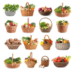 Fresh vegetables in wicker baskets isolated on white, set