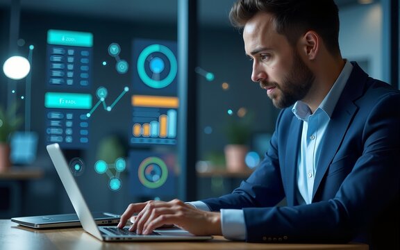 Businessman using laptop for analyzing data. Enterprise resource planning concept. Business structure and many business icons. High quality