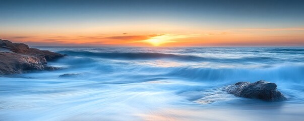 Fototapeta premium The ocean at sunset with waves and rocky coastal formations