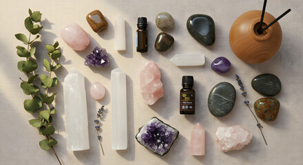 Zenith of Serenity: Harmonious Arrangement of Healing Crystals, Aromatherapy Oils, and Eucalyptus Sprigs for a Tranquil Wellness Retreat Depiction of Natural Balance