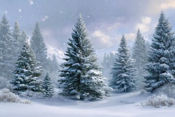 Enchanting winter forest scene with snow covered evergreen trees and soft falling snowflakes