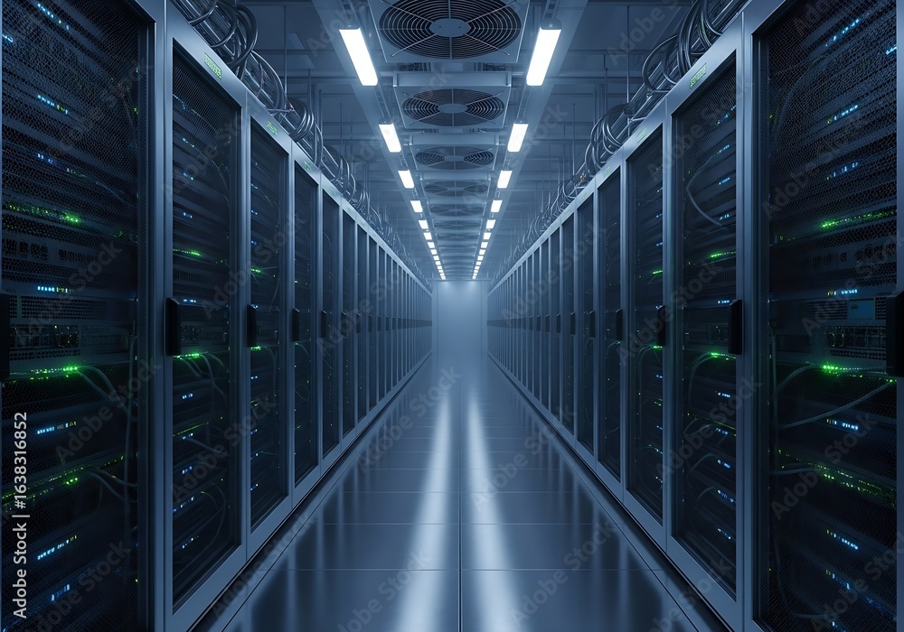 Aufkleber server data center room with rows of rack servers for cloud computing and storage