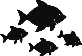 Four black fish silhouettes swimming together isolated on white background