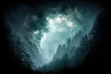 Dark, stormy sky over misty mountain forest