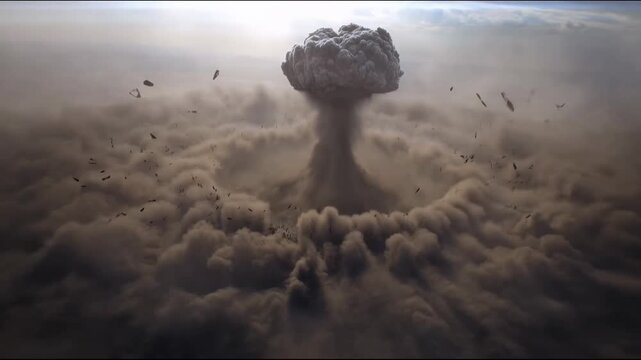 Massive nuclear explosion in a desert area forming a mushroom cloud with a shockwave spreading in all directions, destroying buildings and raising clouds of smoke and fire