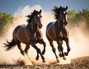 Two brown horses galloping in a field of dust