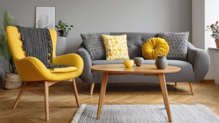 wooden coffee table and yellow chair in front of grey couch with pillows in trendy living room no logos no brands ar 169