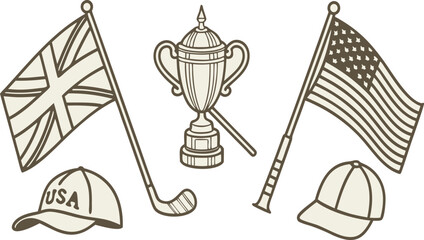 Illustration showing british and american flags trophy golf club and usa baseball cap in line art style