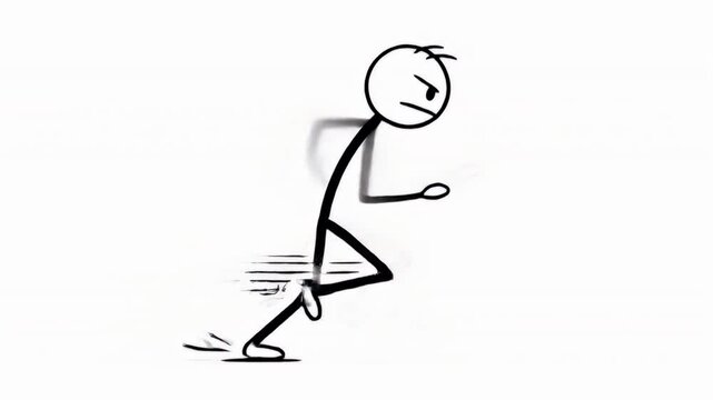 Animated Stick Figure Running Urgently on White Background A Simple Black and White Pictogram Conveying Speed and Motion in a Seamless Loop Perfect for Cliparts and Presentations stick