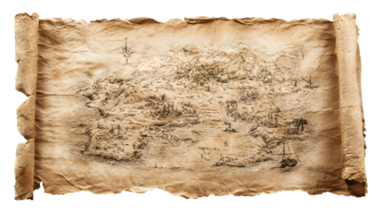 Ancient Treasure Map Island Adventure Sketch Mountains Ships Ocean