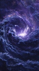 A swirling galaxy with vibrant purple and blue hues. Stars twinkle in the background, creating a cosmic atmosphere. The scene evokes a sense of wonder and exploration.