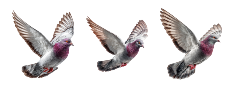 Set of Isolated Pigeons in Flight on Transparent Background