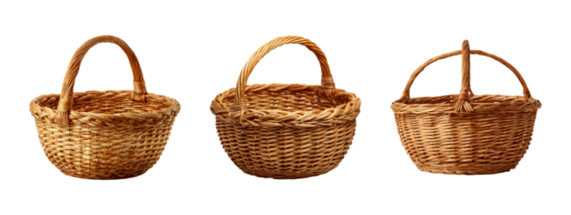Collection of Three Isolated Woven Baskets on Transparent Background