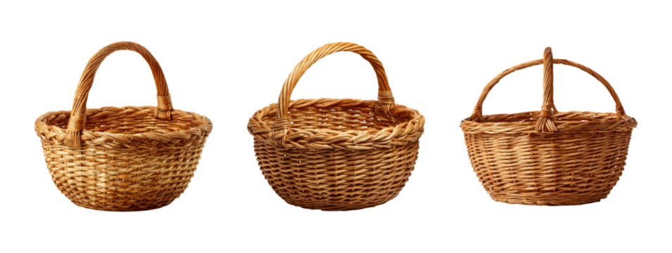 Collection of Three Isolated Woven Baskets on Transparent Background