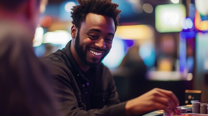 Smiling Black man enjoying a game of poker in a lively casino atmosphere.