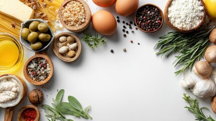 layout copy space with food ingredients on white background top view flat lay with copy space for text no logos no brands ar 169
