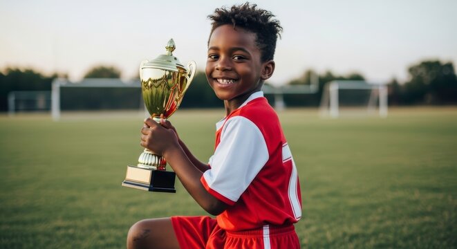 A young boy in a red soccer uniform smiling and holding a golden trophy on a green soccer field at dusk