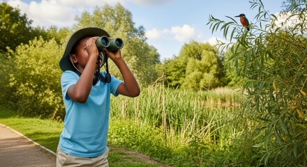 A young boy using binoculars to look at a bird perched on a branch in a lush green outdoor setting