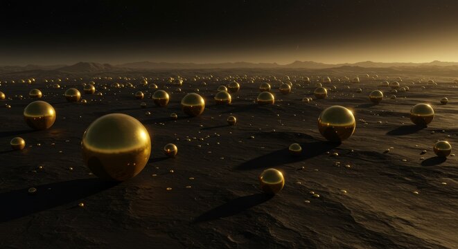 Golden reflective spheres scattered across a dark textured planetary surface