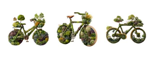Green Bicycle Art with Plants on Transparent Background for Nature Theme