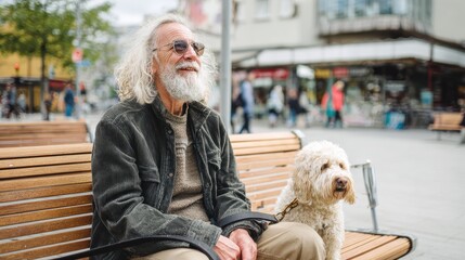 happy senior man sitting on bench and resting during dog walk outdoors in city no logos no brands ar 169
