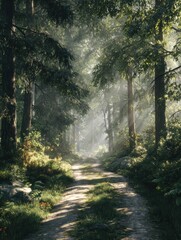 Obraz premium a beautiful forest road with the sun shining through the trees casting light and shadow upon it