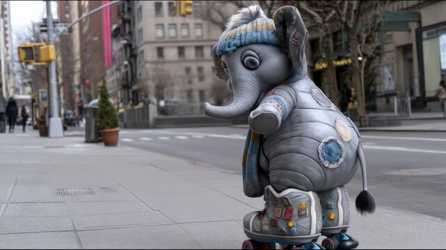 Cute elephant roller skating in winter clothes