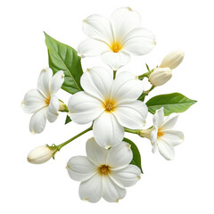Beautiful white flowers with green leaves and buds on a transparent background