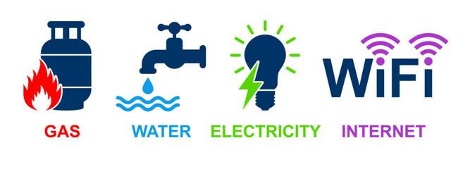 utilities - gas, drinking water, electricity, internet or wifi icon set on white. utility supply icons. public supply for public. can be used in utility bill or meter.